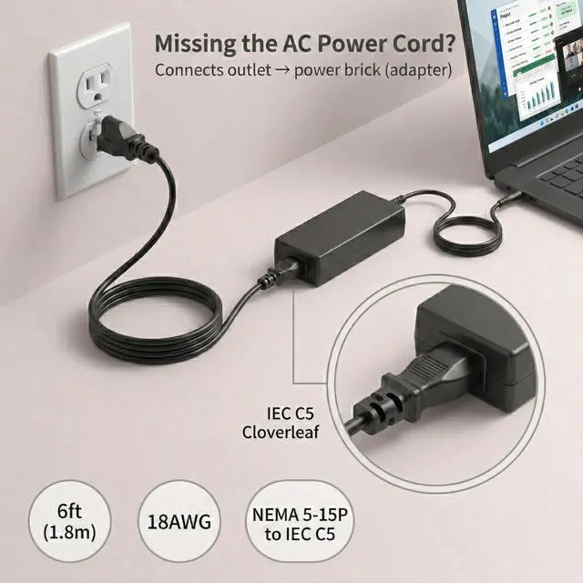 Alt view image 3 of 7 - 6ft 3 Prong Laptop Power Cord Mickey Mouse Cable NEMA 5-15P to IEC C5