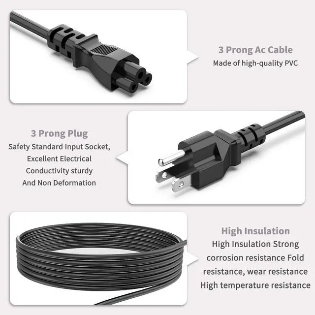 Alt view image 5 of 7 - 6ft 3 Prong Laptop Power Cord Mickey Mouse Cable NEMA 5-15P to IEC C5