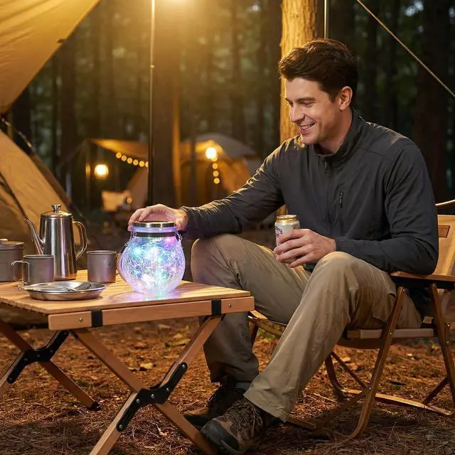 Alt view image 5 of 7 - Solar Powered Transparent Glass Jar Lantern with 30 LED Lights, Multicolor, Hanging Outdoor Garden Light(Colorful)