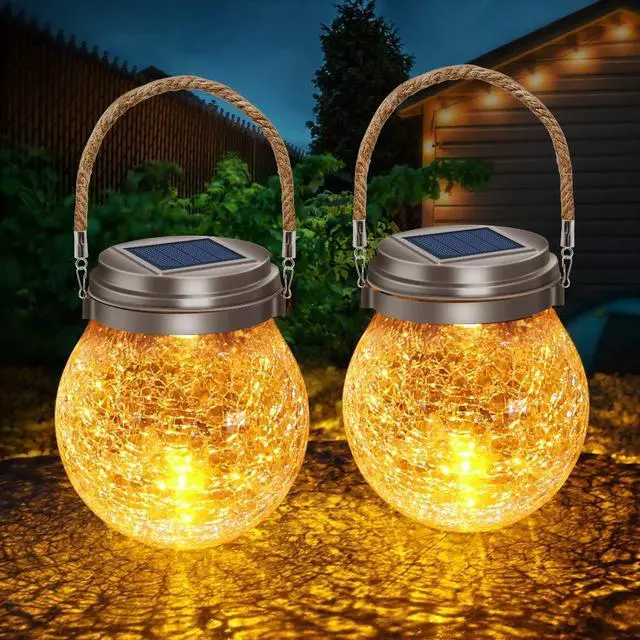 Main image of Solar Lanterns Outdoor 2 Pack - Waterproof IP65 Hanging Solar Lights with Warm Amber & RGB Colors, Crackle Glass LED Ball Lights Globes Garden Decorative for Patio Tree Backyard Pathway Railing