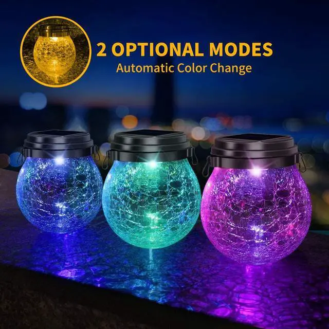 Alt view image 3 of 7 - Solar Lanterns Outdoor 2 Pack - Waterproof IP65 Hanging Solar Lights with Warm Amber & RGB Colors, Crackle Glass LED Ball Lights Globes Garden Decorative for Patio Tree Backyard Pathway Railing