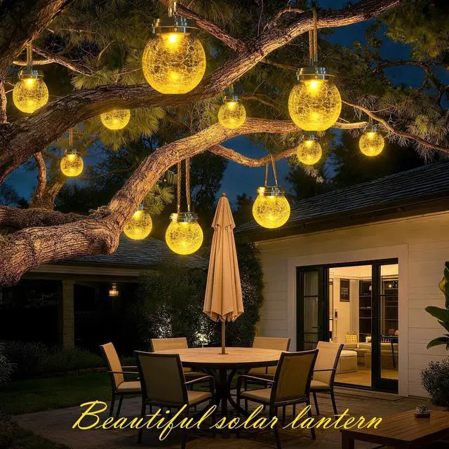 Alt view image 2 of 7 - Solar Lanterns Outdoor 2 Pack - Waterproof IP65 Hanging Solar Lights with Warm Amber & RGB Colors, Crackle Glass LED Ball Lights Globes Garden Decorative for Patio Tree Backyard Pathway Railing