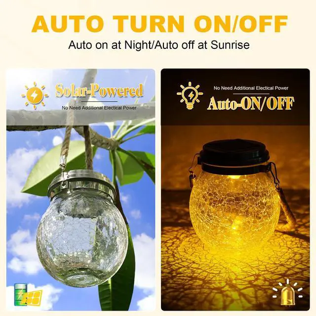 Alt view image 4 of 7 - Solar Lanterns Outdoor 2 Pack - Waterproof IP65 Hanging Solar Lights with Warm Amber & RGB Colors, Crackle Glass LED Ball Lights Globes Garden Decorative for Patio Tree Backyard Pathway Railing