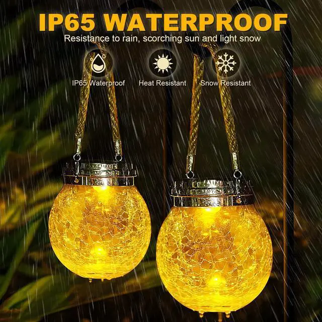 Alt view image 5 of 7 - Solar Lanterns Outdoor 2 Pack - Waterproof IP65 Hanging Solar Lights with Warm Amber & RGB Colors, Crackle Glass LED Ball Lights Globes Garden Decorative for Patio Tree Backyard Pathway Railing