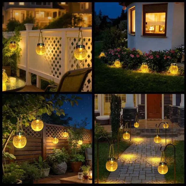 Alt view image 6 of 7 - Solar Lanterns Outdoor 2 Pack - Waterproof IP65 Hanging Solar Lights with Warm Amber & RGB Colors, Crackle Glass LED Ball Lights Globes Garden Decorative for Patio Tree Backyard Pathway Railing