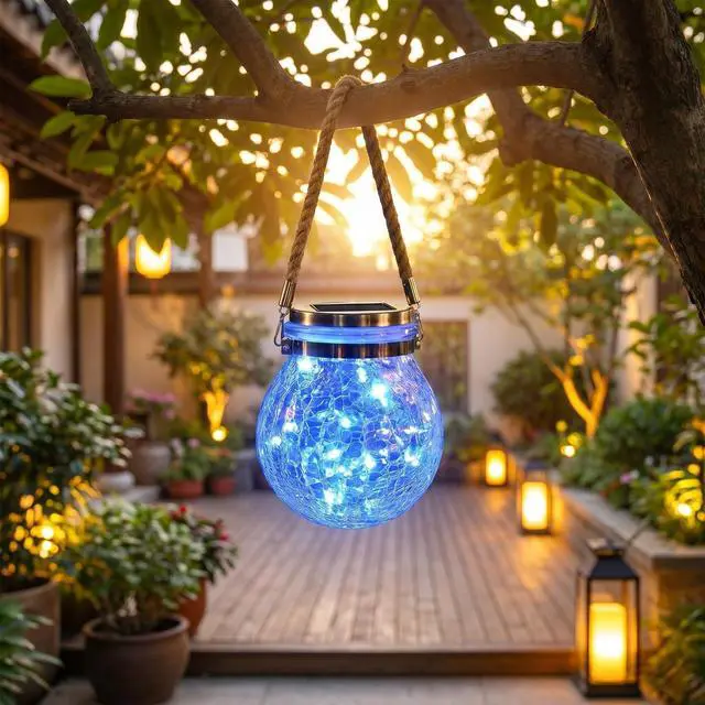 Main image of Solar Powered Transparent Glass Jar Lantern with 30 LED Lights,Hanging Outdoor Garden Light(Blue)