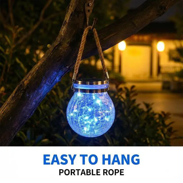 Alt view image 4 of 7 - Solar Powered Transparent Glass Jar Lantern with 30 LED Lights,Hanging Outdoor Garden Light(Blue)