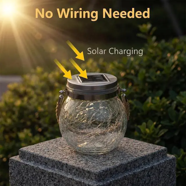 Alt view image 4 of 6 - Solar Powered Transparent Glass Jar Lantern with 30 LED Lights, Hanging Outdoor Garden Light (Light Blue)