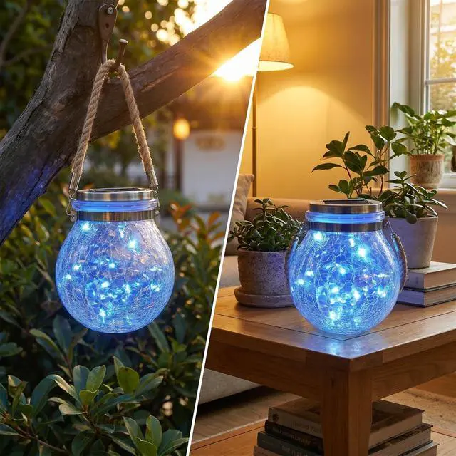 Alt view image 5 of 7 - Solar Powered Transparent Glass Jar Lantern with 30 LED Lights,Hanging Outdoor Garden Light(Blue)