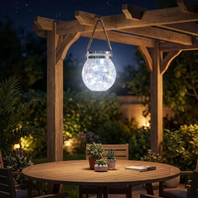 Alt view image 2 of 6 - Solar Powered Transparent Glass Jar Lantern with 30 LED Lights, Hanging Outdoor Garden Light (Light Blue)