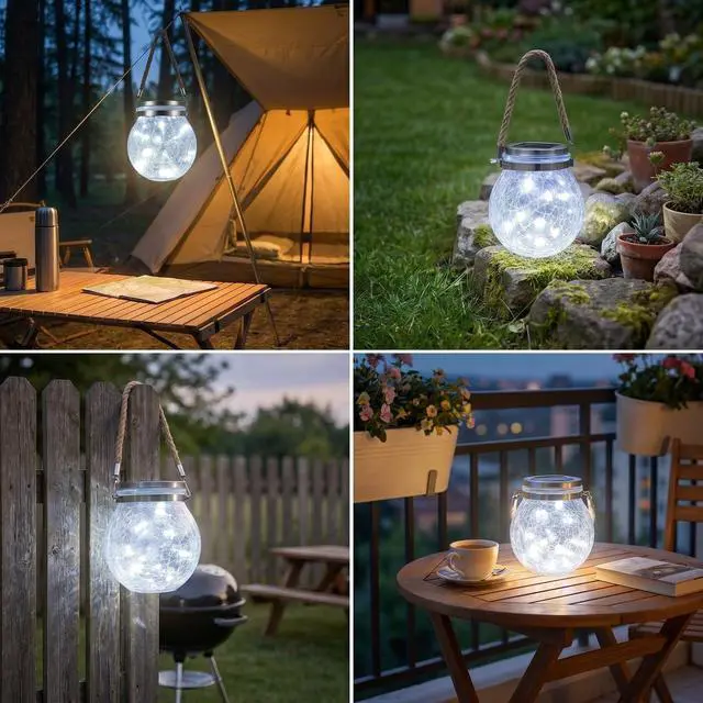 Alt view image 5 of 6 - Solar Powered Transparent Glass Jar Lantern with 30 LED Lights, Hanging Outdoor Garden Light (Light Blue)