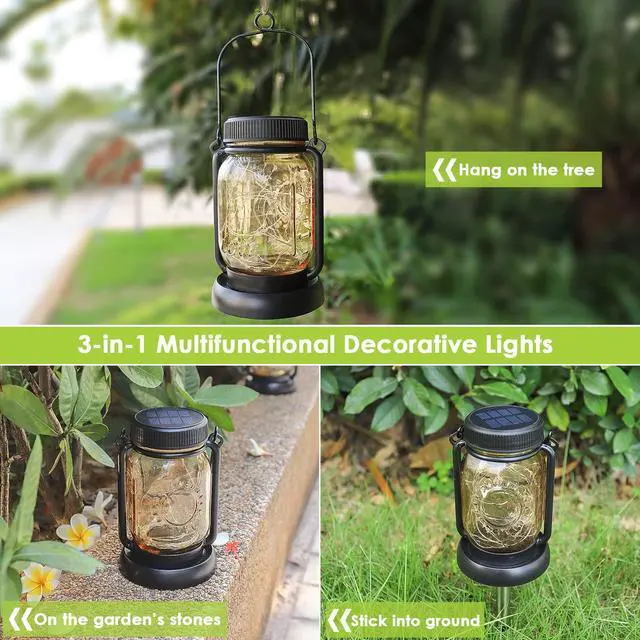 Alt view image 6 of 7 - 4 Pack Solar Mason Jar Hanging Lantern with Stakes, Warm White