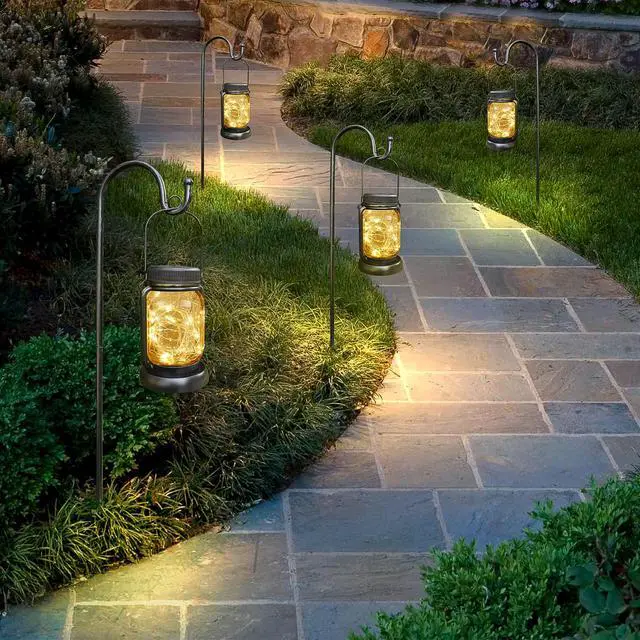 Alt view image 7 of 7 - 4 Pack Solar Mason Jar Hanging Lantern with Stakes, Warm White