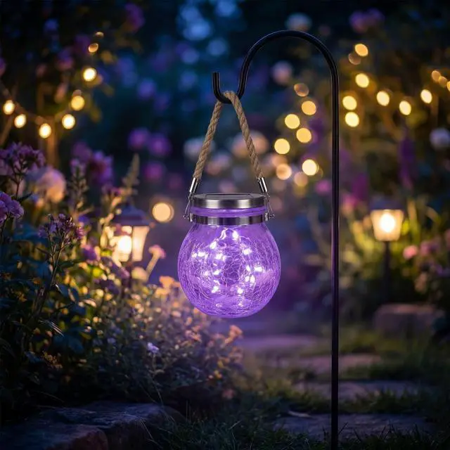 Main image of Solar Powered Transparent Glass Jar Lantern with 30 LED Lights,Hanging Outdoor Garden Light(Purple)