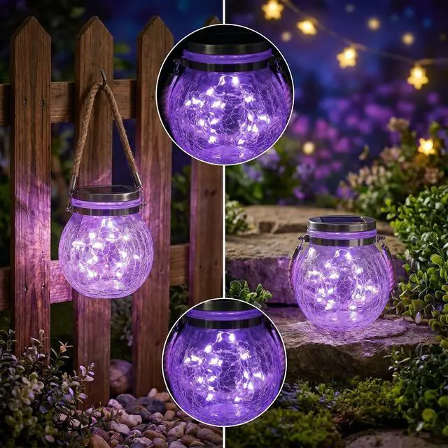 Alt view image 6 of 7 - Solar Powered Transparent Glass Jar Lantern with 30 LED Lights,Hanging Outdoor Garden Light(Purple)
