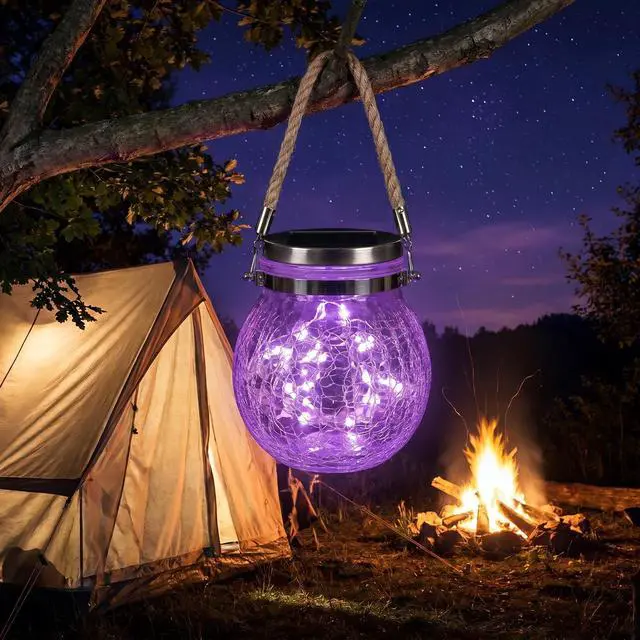 Alt view image 5 of 7 - Solar Powered Transparent Glass Jar Lantern with 30 LED Lights,Hanging Outdoor Garden Light(Purple)