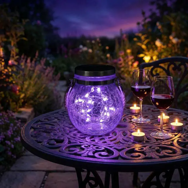 Alt view image 7 of 7 - Solar Powered Transparent Glass Jar Lantern with 30 LED Lights,Hanging Outdoor Garden Light(Purple)