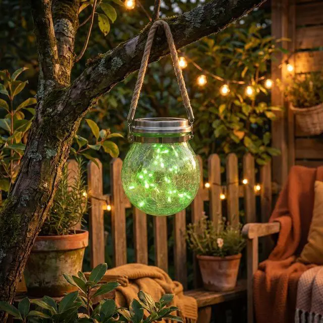Main image of Solar Powered Transparent Glass Jar Lantern with 30 LED Lights,Hanging Outdoor Garden Light (Green)