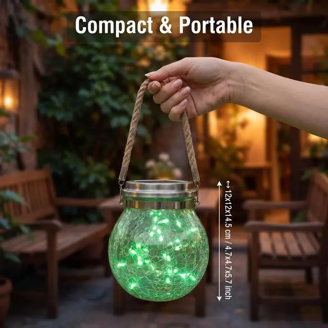 Alt view image 4 of 7 - Solar Powered Transparent Glass Jar Lantern with 30 LED Lights,Hanging Outdoor Garden Light (Green)