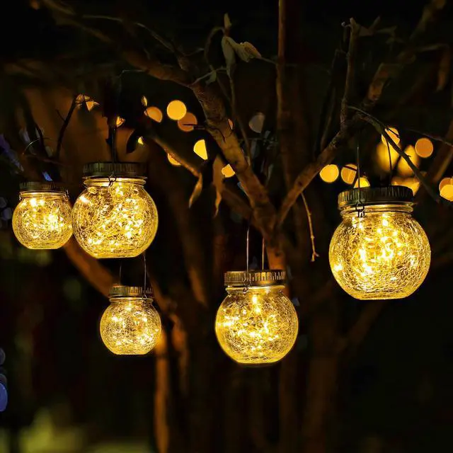 Main image of 2 Pack Crackle Glass Solar Lantern with 30 LED Firefly Lights Waterproof Outdoor Hanging Lamp 215% Larger Solar Panel, Anti-Rust Lids Decorative Lighting for Garden Patio Table