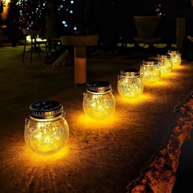 Alt view image 2 of 7 - 2 Pack Crackle Glass Solar Lantern with 30 LED Firefly Lights Waterproof Outdoor Hanging Lamp 215% Larger Solar Panel, Anti-Rust Lids Decorative Lighting for Garden Patio Table