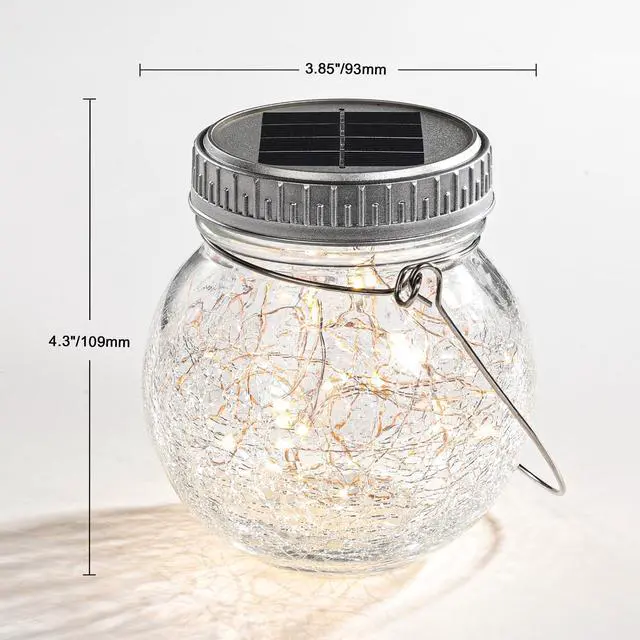 Alt view image 3 of 7 - 2 Pack Crackle Glass Solar Lantern with 30 LED Firefly Lights Waterproof Outdoor Hanging Lamp 215% Larger Solar Panel, Anti-Rust Lids Decorative Lighting for Garden Patio Table