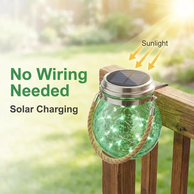 Alt view image 5 of 7 - Solar Powered Transparent Glass Jar Lantern with 30 LED Lights,Hanging Outdoor Garden Light (Green)