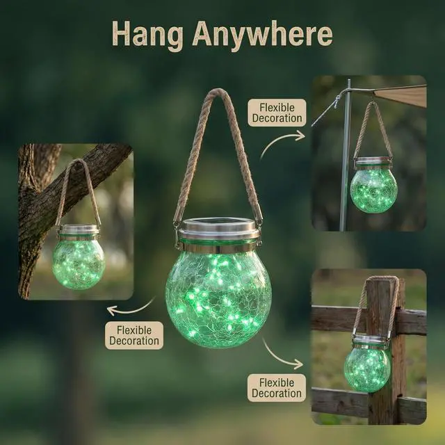 Alt view image 7 of 7 - Solar Powered Transparent Glass Jar Lantern with 30 LED Lights,Hanging Outdoor Garden Light (Green)