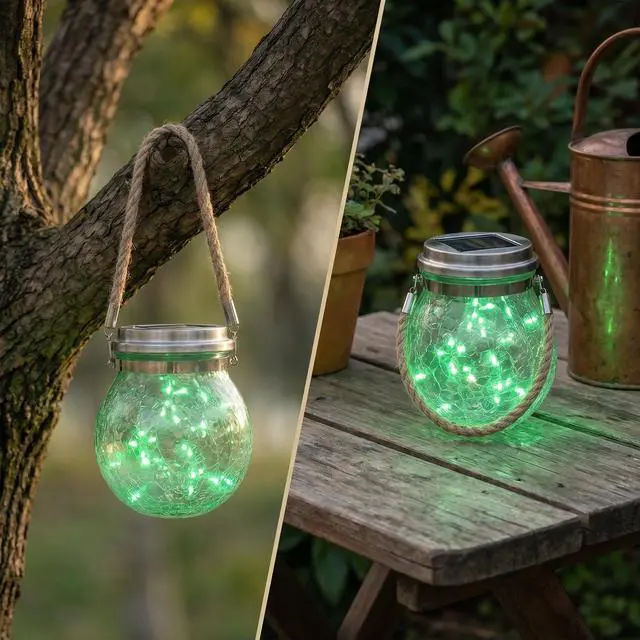 Alt view image 6 of 7 - Solar Powered Transparent Glass Jar Lantern with 30 LED Lights,Hanging Outdoor Garden Light (Green)
