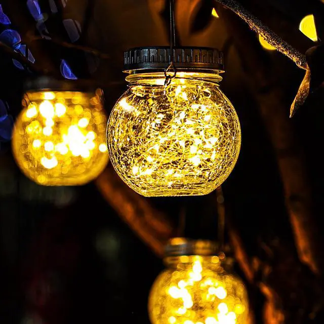 Alt view image 6 of 7 - 2 Pack Crackle Glass Solar Lantern with 30 LED Firefly Lights Waterproof Outdoor Hanging Lamp 215% Larger Solar Panel, Anti-Rust Lids Decorative Lighting for Garden Patio Table