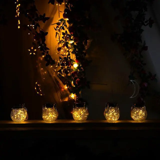Alt view image 5 of 7 - 6 Pack Gifts for Him Her Solar Lanterns Outdoor Waterproof Heavy Crackle Glass 30 LED Warm Firefly Lights Solar for Women Mom Grandma Outdoor Table Lamps Garden Yard Decor
