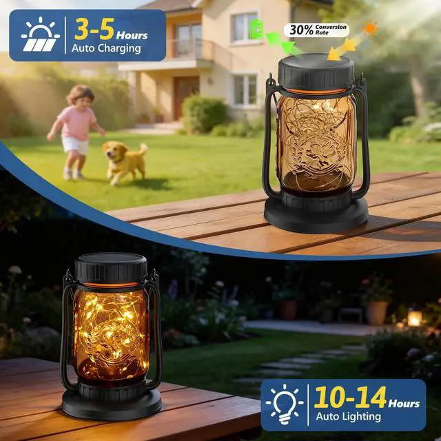 Alt view image 3 of 7 - 2 Pack Solar Mason Jar Lantern Outdoor Waterproof, Hanging Solar Lantern Lights for Outside, Fairy Glass Decorative Lantern for Yard Patio Garden Porch Table Wedding