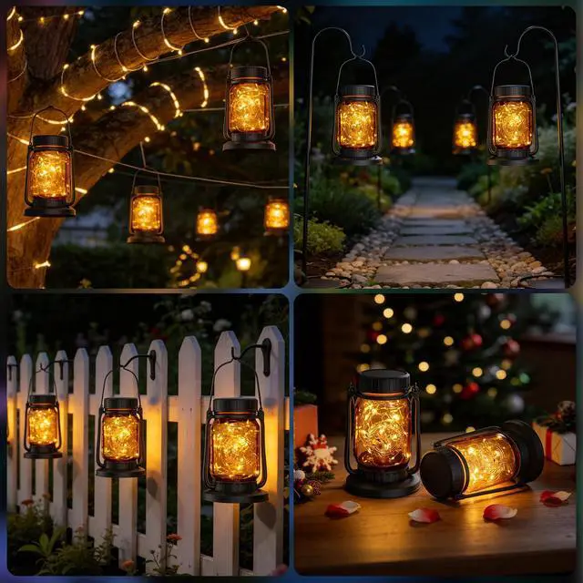 Alt view image 5 of 7 - 2 Pack Solar Mason Jar Lantern Outdoor Waterproof, Hanging Solar Lantern Lights for Outside, Fairy Glass Decorative Lantern for Yard Patio Garden Porch Table Wedding