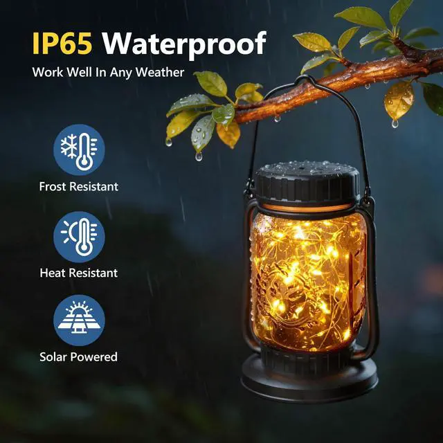 Alt view image 2 of 7 - 2 Pack Solar Mason Jar Lantern Outdoor Waterproof, Hanging Solar Lantern Lights for Outside, Fairy Glass Decorative Lantern for Yard Patio Garden Porch Table Wedding