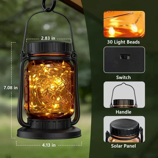 Alt view image 6 of 7 - 2 Pack Solar Mason Jar Lantern Outdoor Waterproof, Hanging Solar Lantern Lights for Outside, Fairy Glass Decorative Lantern for Yard Patio Garden Porch Table Wedding
