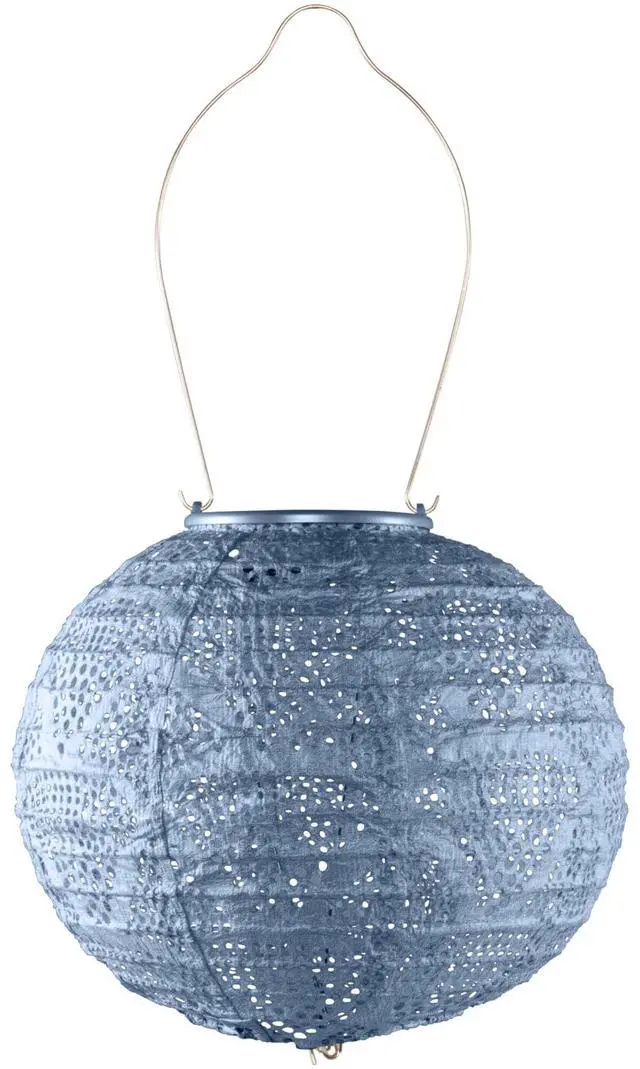 Main image of Soji Stella Globe 8" LED Outdoor Solar Lantern, Handmade with Weather-Resistant UV Treated Fabric, Stainless Steel Hardware, Auto Sensor on/Off, for Patio, Deck, Garden (Metallic Blue)