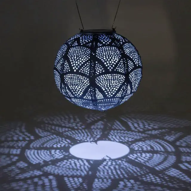 Alt view image 2 of 7 - Soji Stella Globe 8" LED Outdoor Solar Lantern, Handmade with Weather-Resistant UV Treated Fabric, Stainless Steel Hardware, Auto Sensor on/Off, for Patio, Deck, Garden (Metallic Blue)