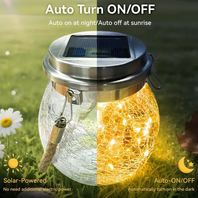 Alt view image 2 of 7 - 2 Packs Cracked Glass Solar Lantern, Waterproof Outdoor Hanging Solar Lights with 30 LED, Cracked Glass Hanging Globes for Yard Patio Fence Tree, Warm White