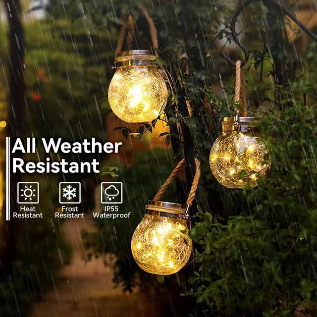 Alt view image 4 of 7 - 2 Packs Cracked Glass Solar Lantern, Waterproof Outdoor Hanging Solar Lights with 30 LED, Cracked Glass Hanging Globes for Yard Patio Fence Tree, Warm White