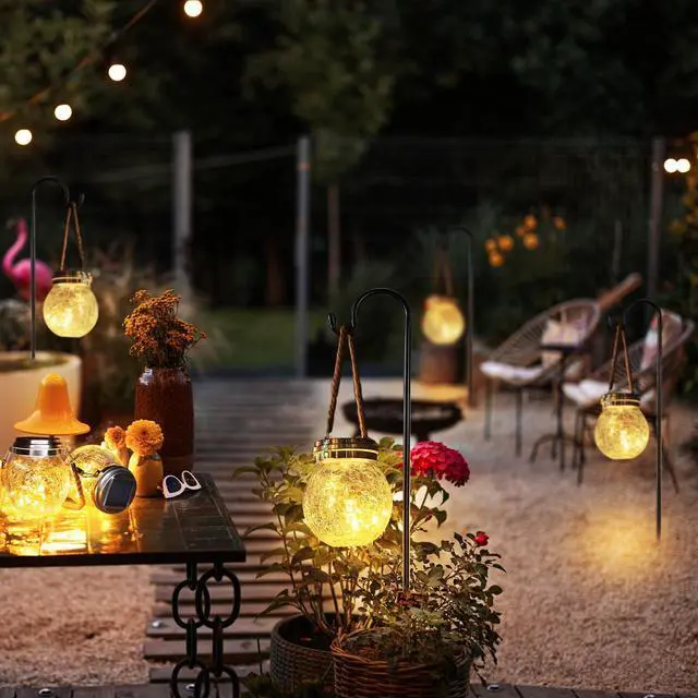 Alt view image 5 of 7 - 2 Packs Cracked Glass Solar Lantern, Waterproof Outdoor Hanging Solar Lights with 30 LED, Cracked Glass Hanging Globes for Yard Patio Fence Tree, Warm White