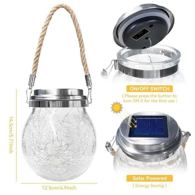 Alt view image 6 of 7 - 2 Packs Cracked Glass Solar Lantern, Waterproof Outdoor Hanging Solar Lights with 30 LED, Cracked Glass Hanging Globes for Yard Patio Fence Tree, Warm White
