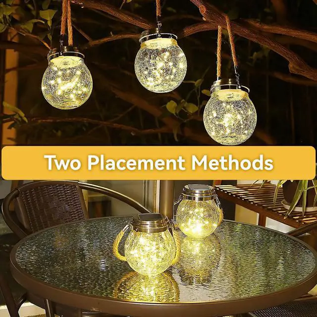 Alt view image 7 of 7 - 2 Packs Cracked Glass Solar Lantern, Waterproof Outdoor Hanging Solar Lights with 30 LED, Cracked Glass Hanging Globes for Yard Patio Fence Tree, Warm White