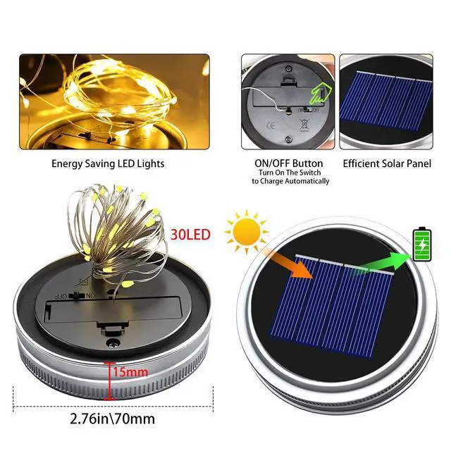 Alt view image 2 of 7 - 8 Pack Solar Mason Jar Lights for Outside, 30 LED Solar Mason Jar Lids Fairy Lights with 8 Hangers(No Jars) Outdoor Waterproof for DIY Patio Garden Yard Lawn Party Wedding Decoration Warm White
