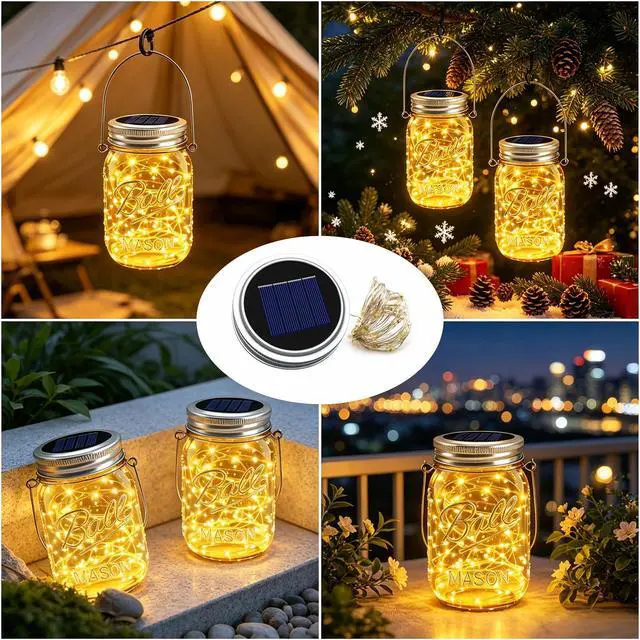 Alt view image 4 of 7 - 8 Pack Solar Mason Jar Lights for Outside, 30 LED Solar Mason Jar Lids Fairy Lights with 8 Hangers(No Jars) Outdoor Waterproof for DIY Patio Garden Yard Lawn Party Wedding Decoration Warm White