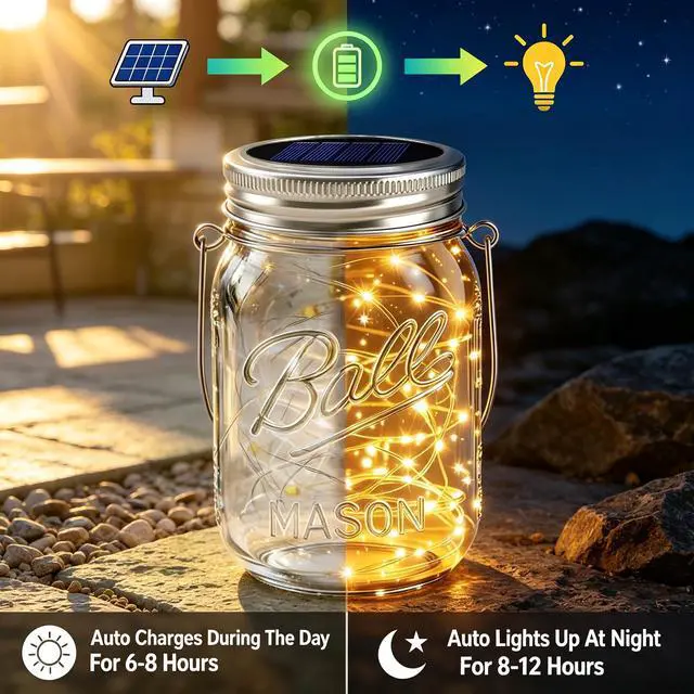 Alt view image 7 of 7 - 8 Pack Solar Mason Jar Lights for Outside, 30 LED Solar Mason Jar Lids Fairy Lights with 8 Hangers(No Jars) Outdoor Waterproof for DIY Patio Garden Yard Lawn Party Wedding Decoration Warm White