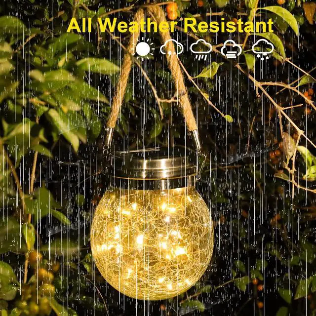 Alt view image 3 of 7 - Hanging Solar Lantern Lights, Outdoor Waterproof Cracked Glass Round Ball Lamp, Garden Globe Warm White LED Light for Landscape Walkway Backyard Patio Lawn Pathway Decoration(4.7inch)