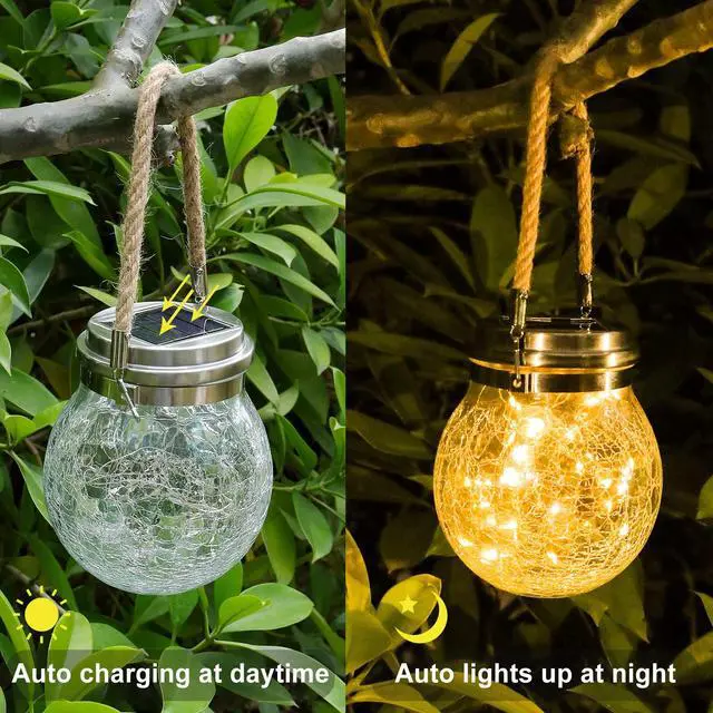 Alt view image 2 of 7 - Hanging Solar Lantern Lights, Outdoor Waterproof Cracked Glass Round Ball Lamp, Garden Globe Warm White LED Light for Landscape Walkway Backyard Patio Lawn Pathway Decoration(4.7inch)