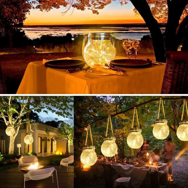 Alt view image 5 of 7 - Hanging Solar Lantern Lights, Outdoor Waterproof Cracked Glass Round Ball Lamp, Garden Globe Warm White LED Light for Landscape Walkway Backyard Patio Lawn Pathway Decoration(4.7inch)