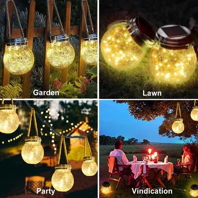 Alt view image 4 of 7 - Hanging Solar Lantern Lights, Outdoor Waterproof Cracked Glass Round Ball Lamp, Garden Globe Warm White LED Light for Landscape Walkway Backyard Patio Lawn Pathway Decoration(4.7inch)