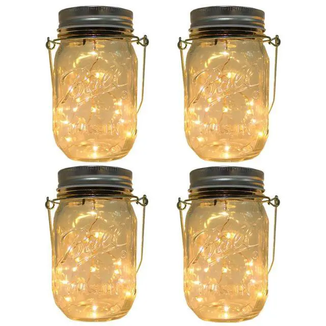 Main image of 4-Pack Solar-powered Mason Jar Lights (Mason Jar / Handle Included),20 Bulbs Jar Hanging Light,Garden Outdoor Solar / Hanging Lantern,Decor Solar Light,Table Light,Patio Path Light,Warm White